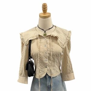 Milk & Honey Beige Gingham Ruffle Collar Tie Front Blouse Size M